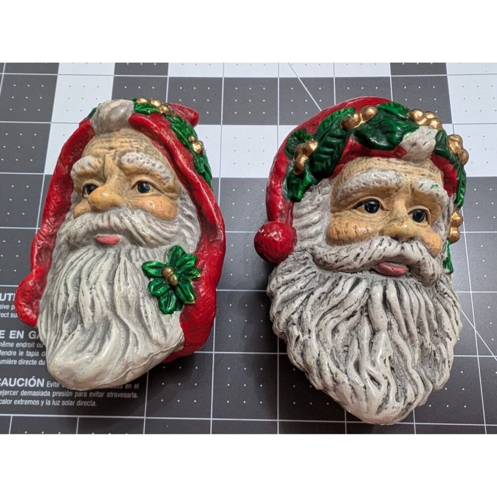 Molded Plastic Folk Art Santa Clause heads lot 2 ornaments 6" estate sale find